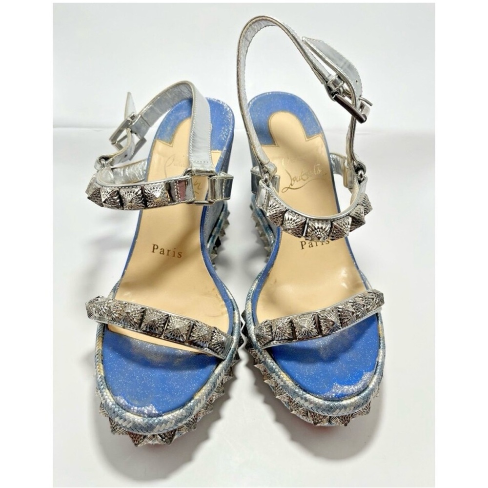 Christian Louboutin Silver Studded Wedge Sandals - Picture 5 of 11